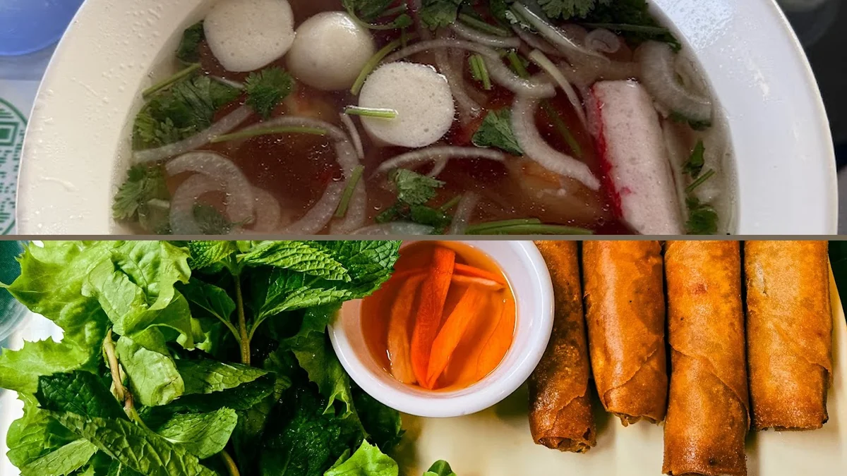 Bowls of pho with herbs and noodles
