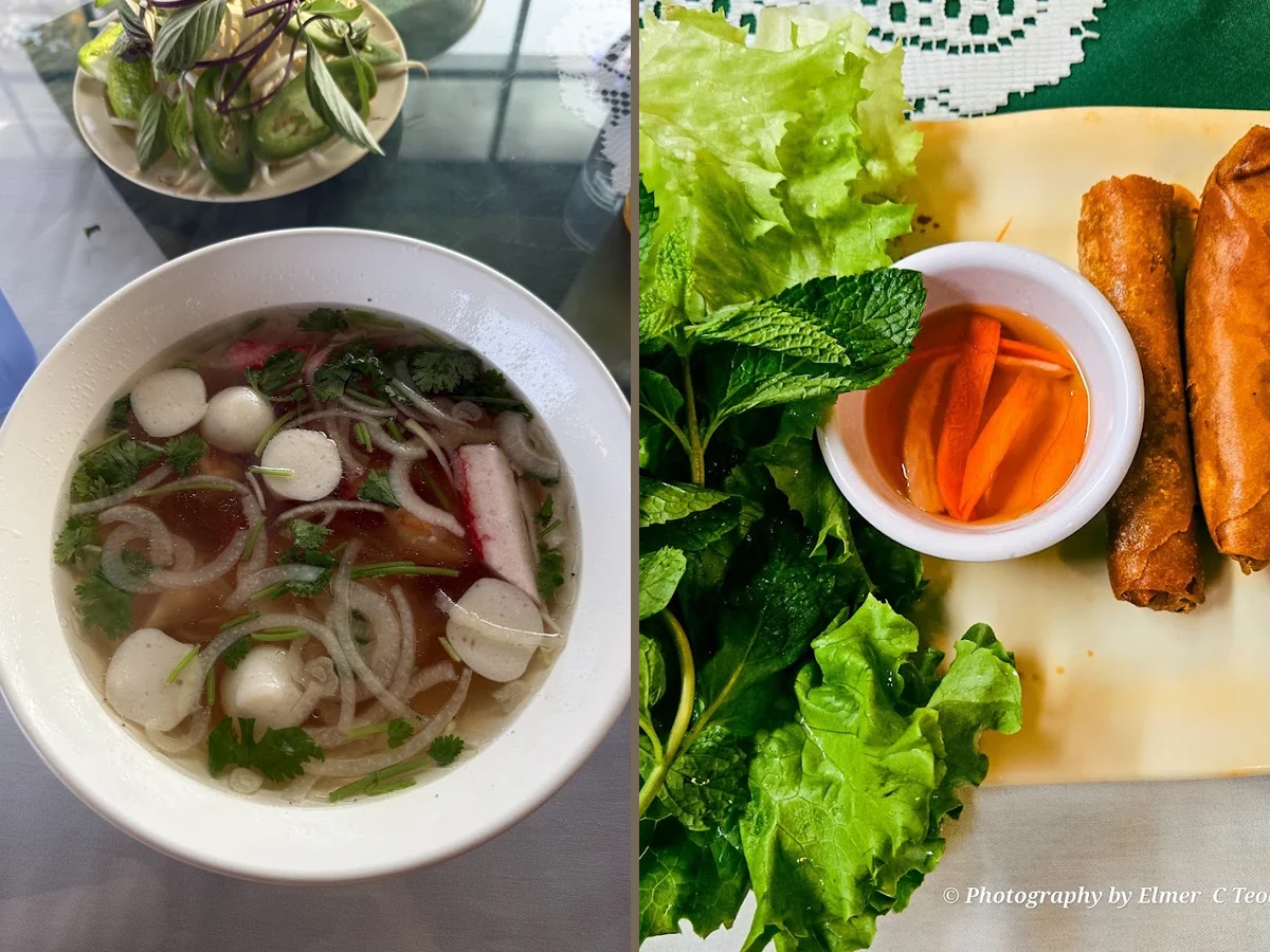 Bowls of pho with herbs and noodles
