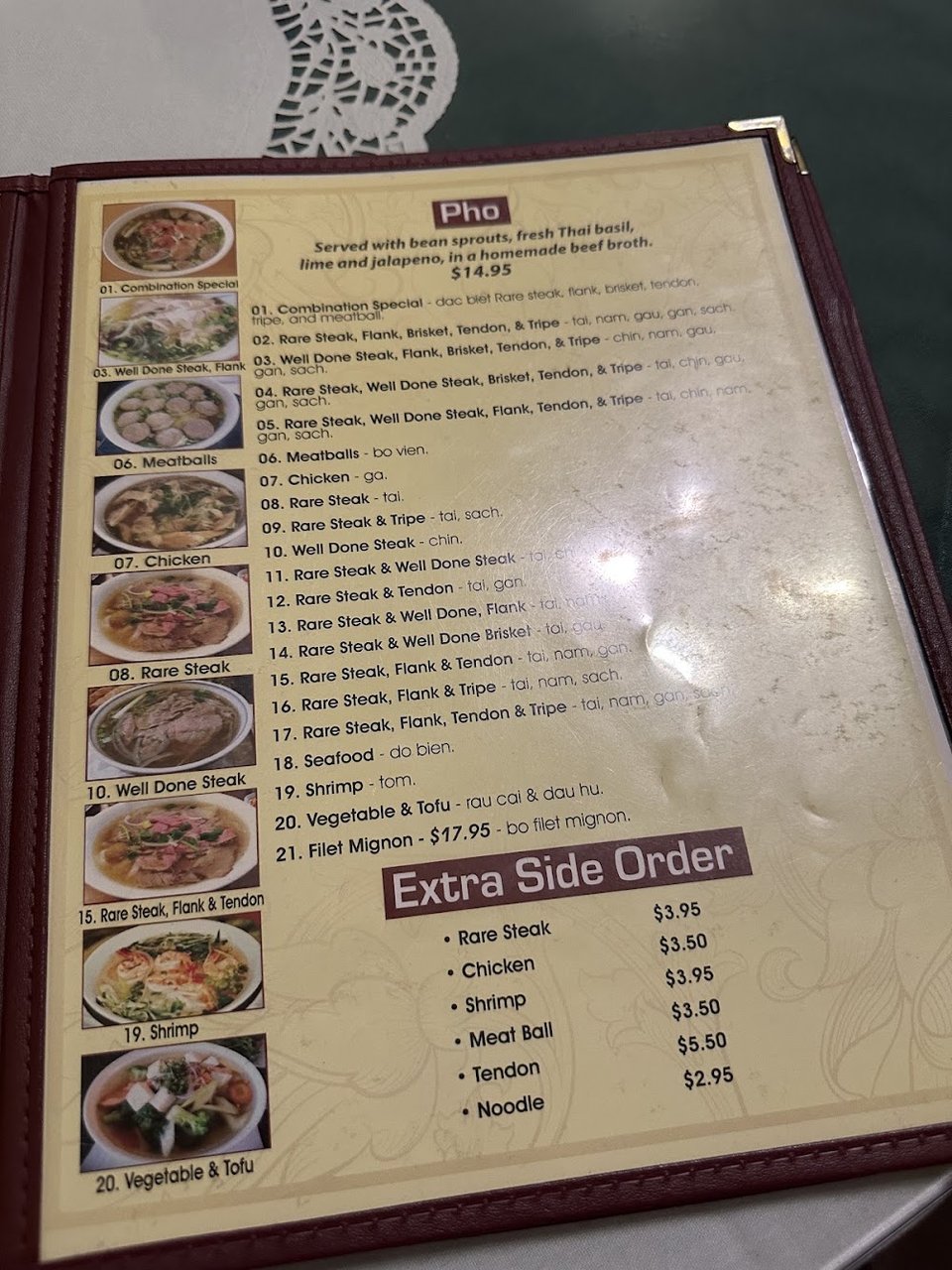 Vietnamese menu featuring noodle soup options