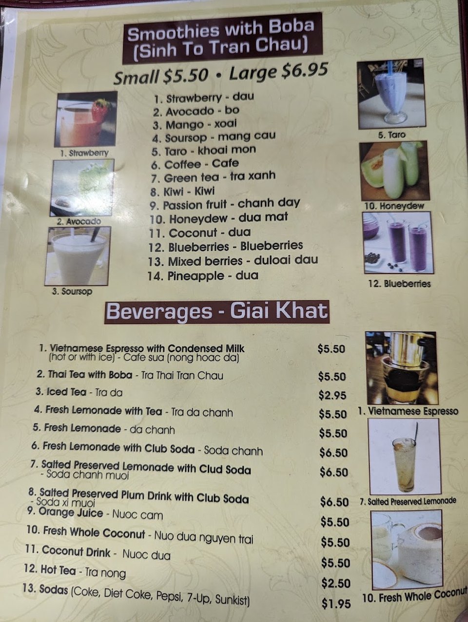 Smoothies with boba listed on menu