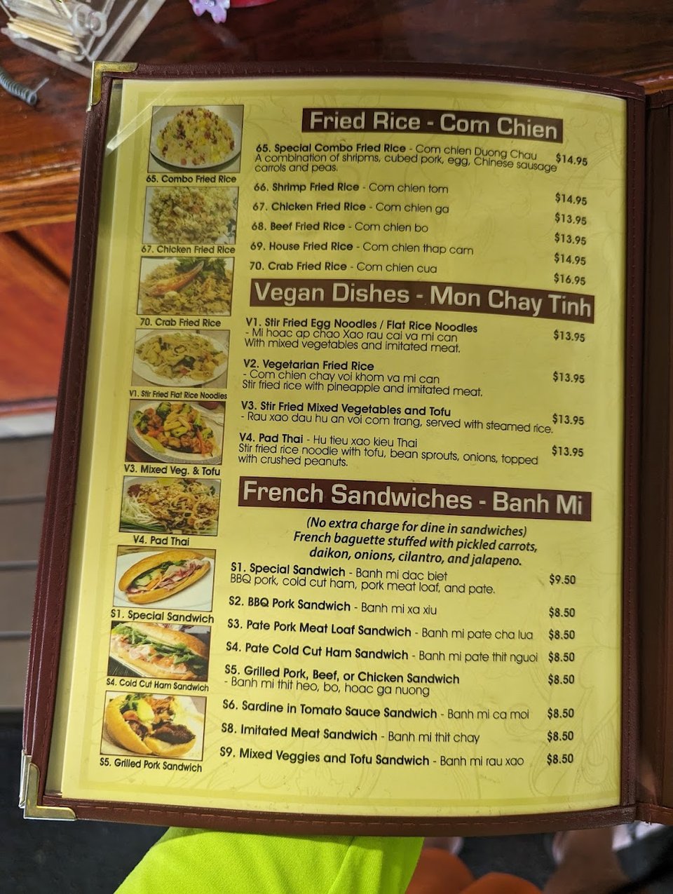Printed menu with spring rolls and pho